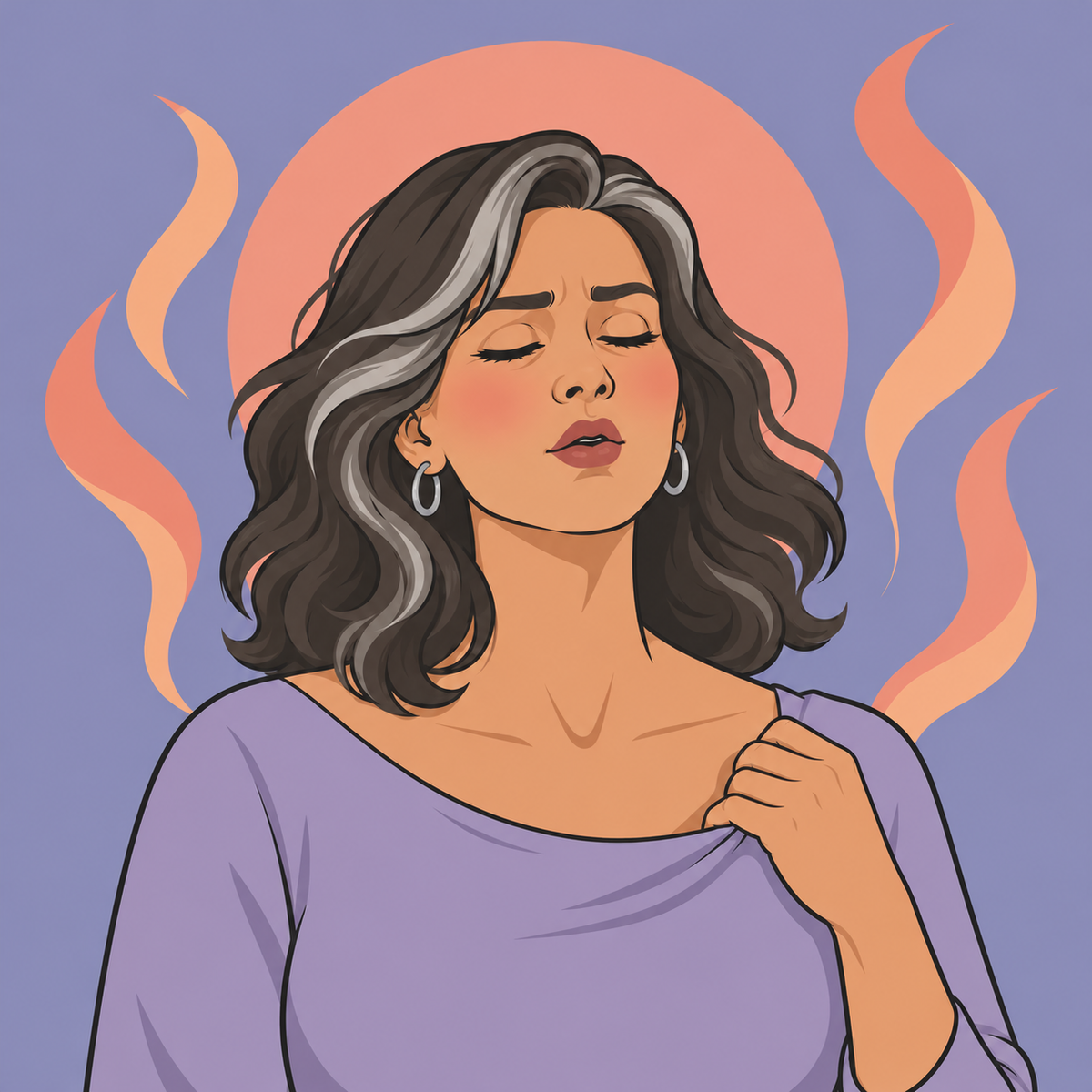 Illustration einer Frau um die 50, die während einer Hitzewallung kurz innehält und langsam ausatmet