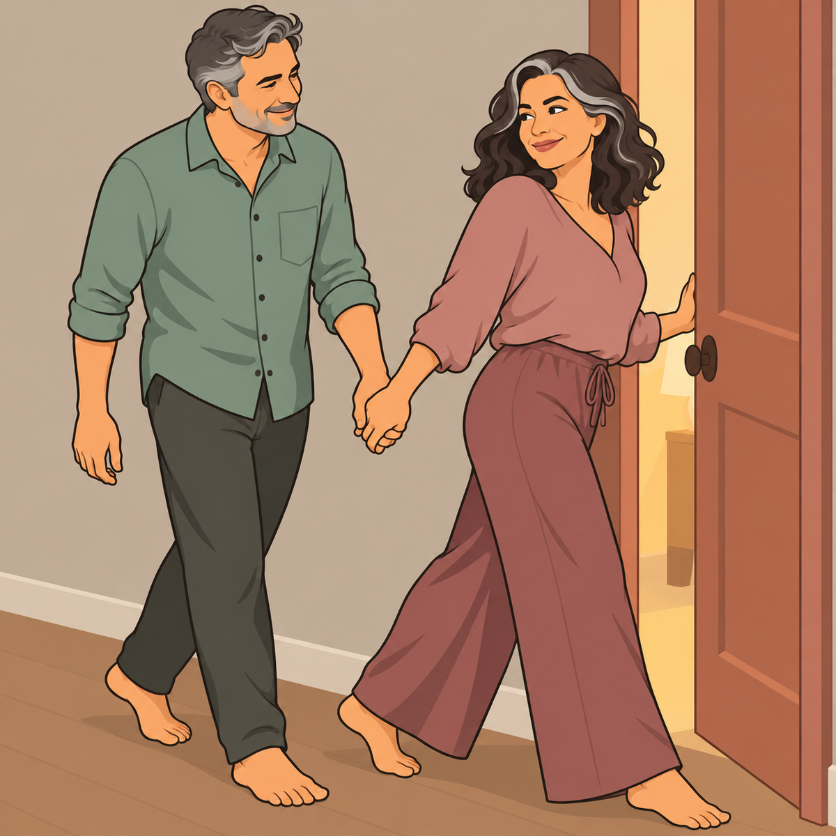 Illustration einer Frau um die 50, die ihren Partner lächelnd an der Hand in ein warm beleuchtetes Zimmer führt